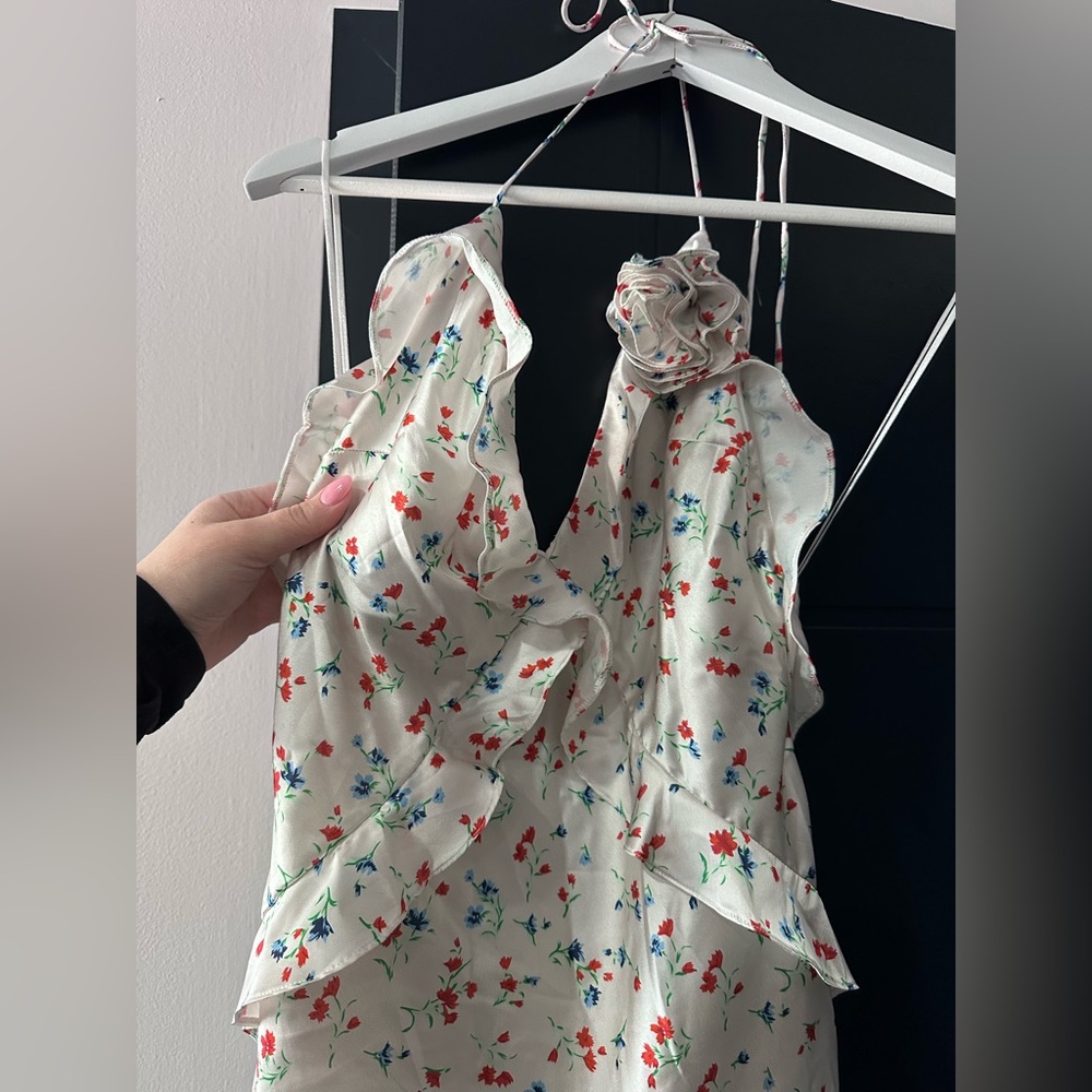 Bardot White Floral Halter Dress with Red and Blue Blooms